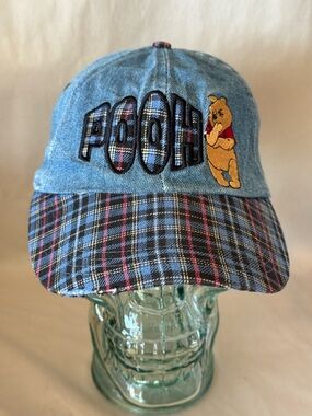 Vintage Disney Winnie The Pooh Plaid Denim Baseball‎ Flex Strap Hat Cap